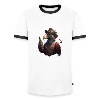 Papagei mit Bierflashe und Hut. Lustig und cool - Männer Kontrast-T-Shirt - Weiß/Schwarz - Vorne - AI Model Female 172 light (172cm) & AI Model Male 178 dark (178cm)