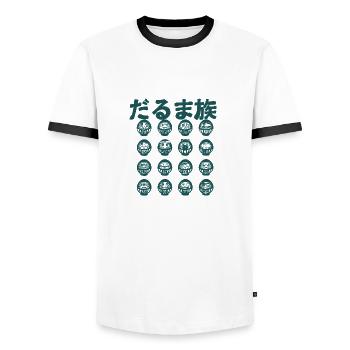 The Darumas Tribe (monochrome version) - Men's Ringer Shirt - white/black - Front - AI Model Female 172 light (172cm) & AI Model Male 178 dark (178cm)
