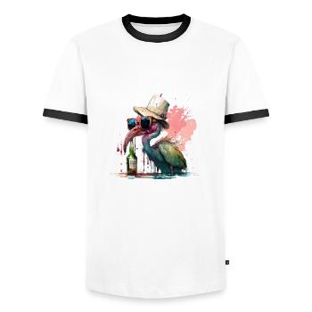 Cooler Flamingo mit Sonnenbrille Bier und Hut - Männer Kontrast-T-Shirt - Weiß/Schwarz - Vorne - AI Model Female 172 light (172cm) & AI Model Male 178 dark (178cm)