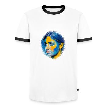 Peinture d’une femme en bleu et jaune - T-shirt contrasté Homme - blanc/noir - Devant - AI Model Female 172 light (172cm) & AI Model Male 178 dark (178cm)