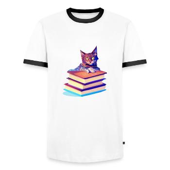 Cat Reading Domestic Cat Books Cat Book Kitten - Men's Ringer Shirt - white/black - Front - AI Model Female 172 light (172cm) & AI Model Male 178 dark (178cm)