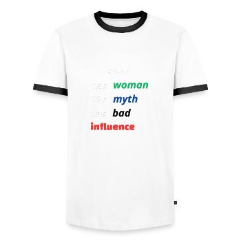 Aunt the woman the myth the bad influence - Men's Ringer Shirt - white/black - Front - AI Model Female 172 light (172cm) & AI Model Male 178 dark (178cm)