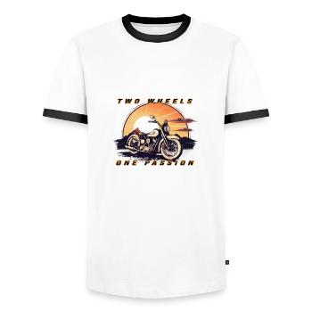 Two Wheels One Passion - Men's Ringer Shirt - white/black - Front - AI Model Female 172 light (172cm) & AI Model Male 178 dark (178cm)