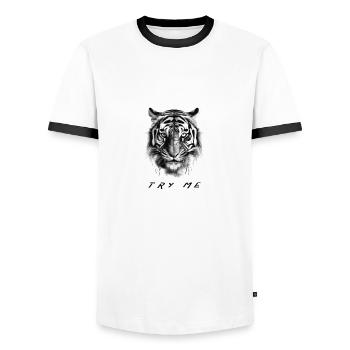 Try me - Men's Ringer Shirt - white/black - Front - AI Model Female 172 light (172cm) & AI Model Male 178 dark (178cm)