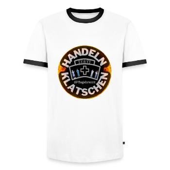 Pflegebrennt | Pflege Brennt - Männer Kontrast-T-Shirt - Weiß/Schwarz - Vorne - AI Model Female 172 light (172cm) & AI Model Male 178 dark (178cm)