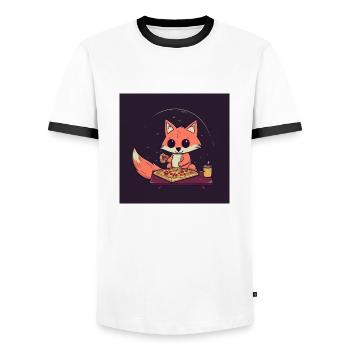 Cute fox watches TV and eats pizza - Men's Ringer Shirt - white/black - Front - AI Model Female 172 light (172cm) & AI Model Male 178 dark (178cm)