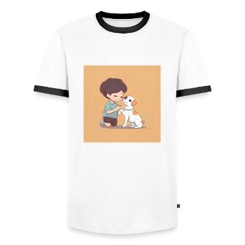 Little boy sitting next to a dog - Men's Ringer Shirt - white/black - Front - AI Model Female 172 light (172cm) & AI Model Male 178 dark (178cm)