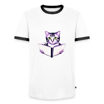 Cat Books Cat Book Kitten Reading Domestic Cat - Men's Ringer Shirt - white/black - Front - AI Model Female 172 light (172cm) & AI Model Male 178 dark (178cm)