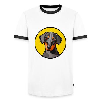 Dackel Design Grafik Motiv in gelbem Kreis - Männer Kontrast-T-Shirt - Weiß/Schwarz - Vorne - AI Model Female 172 light (172cm) & AI Model Male 178 dark (178cm)