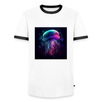 Neonfarbene Qualle schwimmt im Meer - Männer Kontrast-T-Shirt - Weiß/Schwarz - Vorne - AI Model Female 172 light (172cm) & AI Model Male 178 dark (178cm)