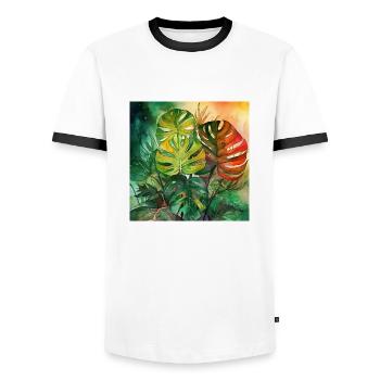 Hand-drawn watercolor Monstera plant - Men's Ringer Shirt - white/black - Front - AI Model Female 172 light (172cm) & AI Model Male 178 dark (178cm)