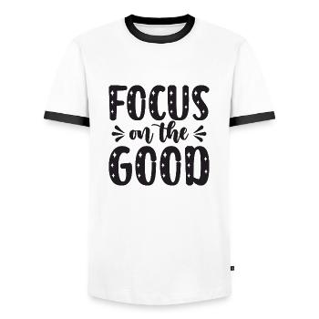 Focus on the Good - Men's Ringer Shirt - white/black - Front - AI Model Female 172 light (172cm) & AI Model Male 178 dark (178cm)