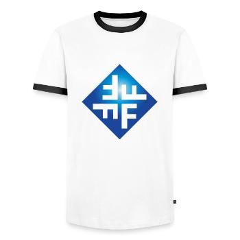 Blue cut tile - Men's Ringer Shirt - white/black - Front - AI Model Female 172 light (172cm) & AI Model Male 178 dark (178cm)