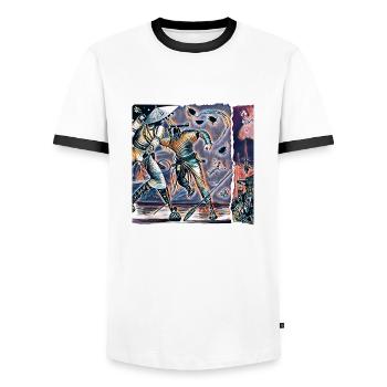 Men's Collection | Online Mode - Men's Ringer Shirt - white/black - Front - AI Model Female 172 light (172cm) & AI Model Male 178 dark (178cm)