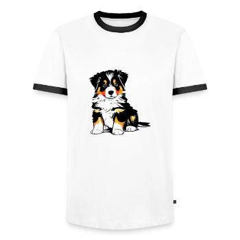 Dog Puppy Dog Owner Australian Shepherd - Men's Ringer Shirt - white/black - Front - AI Model Female 172 light (172cm) & AI Model Male 178 dark (178cm)