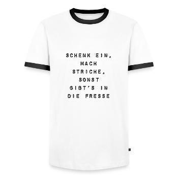 T-Shirt "Schenk ein mach Striche" - Männer Kontrast-T-Shirt - Weiß/Schwarz - Vorne - AI Model Female 172 light (172cm) & AI Model Male 178 dark (178cm)