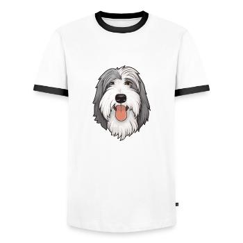 Bearded Collie Kopf Comic Cartoon Hund - Männer Kontrast-T-Shirt - Weiß/Schwarz - Vorne - AI Model Female 172 light (172cm) & AI Model Male 178 dark (178cm)