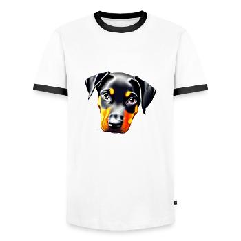 Doberman Trainer Doberman Chien Doberman Chiot - T-shirt contrasté Homme - blanc/noir - Devant - AI Model Female 172 light (172cm) & AI Model Male 178 dark (178cm)