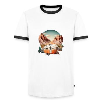 Scenic Mountain Journey: Vintage Caravan Road Trip - Men's Ringer Shirt - white/black - Front - AI Model Female 172 light (172cm) & AI Model Male 178 dark (178cm)