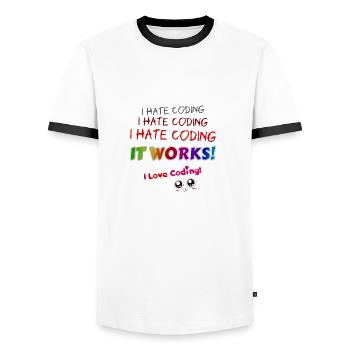 I hate coding it works I love coding! - Men's Ringer Shirt - white/black - Front - AI Model Female 172 light (172cm) & AI Model Male 178 dark (178cm)