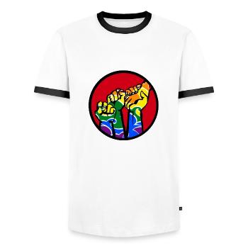 Poings4a LGBT - T-shirt contrasté Homme - blanc/noir - Devant - AI Model Female 172 light (172cm) & AI Model Male 178 dark (178cm)