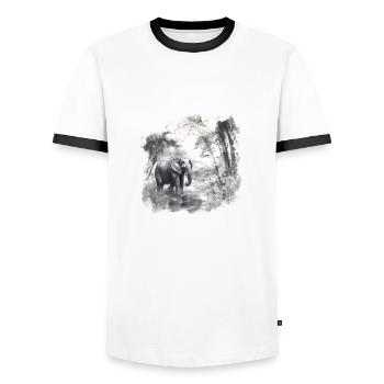 Aquarellzeichnung Elefant im Wald - Männer Kontrast-T-Shirt - Weiß/Schwarz - Vorne - AI Model Female 172 light (172cm) & AI Model Male 178 dark (178cm)