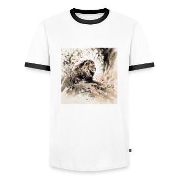 Watercolor illustration of a lion in the jungle - Men's Ringer Shirt - white/black - Front - AI Model Female 172 light (172cm) & AI Model Male 178 dark (178cm)