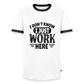 I don´t know i just Work here - Männer Kontrast-T-Shirt - Weiß/Schwarz - Vorne - AI Model Female 172 light (172cm) & AI Model Male 178 dark (178cm)