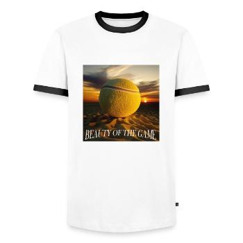 SJS ́s Beauty of the Tennis Game - Men's Ringer Shirt - white/black - Front - AI Model Female 172 light (172cm) & AI Model Male 178 dark (178cm)