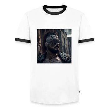 Future Cyberpunkt Warrior - Männer Kontrast-T-Shirt - Weiß/Schwarz - Vorne - AI Model Female 172 light (172cm) & AI Model Male 178 dark (178cm)