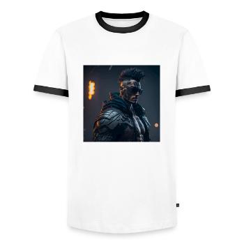 Future Cyberpunkt Warrior - Männer Kontrast-T-Shirt - Weiß/Schwarz - Vorne - AI Model Female 172 light (172cm) & AI Model Male 178 dark (178cm)