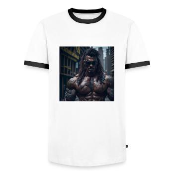 Future Cyberpunkt Warrior - Männer Kontrast-T-Shirt - Weiß/Schwarz - Vorne - AI Model Female 172 light (172cm) & AI Model Male 178 dark (178cm)