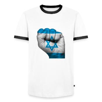 Flagge Israels auf geschlossener Faust gemalt - Männer Kontrast-T-Shirt - Weiß/Schwarz - Vorne - AI Model Female 172 light (172cm) & AI Model Male 178 dark (178cm)