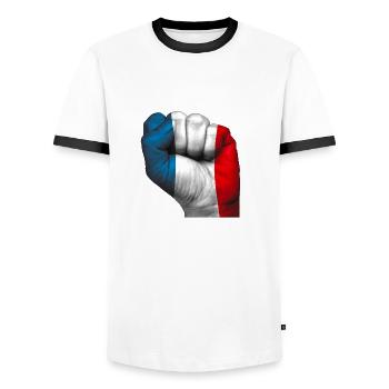 Drapeau français peint sur un poing fermé. - T-shirt contrasté Homme - blanc/noir - Devant - AI Model Female 172 light (172cm) & AI Model Male 178 dark (178cm)