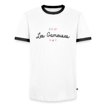 T-shirt EVJF "Les Gameuses" - T-shirt contrasté Homme - blanc/noir - Devant - AI Model Female 172 light (172cm) & AI Model Male 178 dark (178cm)