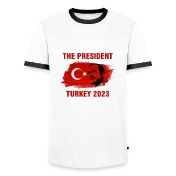Le président Recep Tayyip Erdogan Turquie 2023 - T-shirt contrasté Homme - blanc/noir - Devant - AI Model Female 172 light (172cm) & AI Model Male 178 dark (178cm)