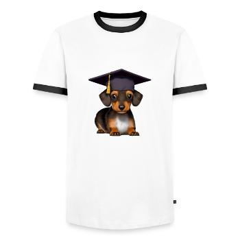 Bachelor Dachshund Graduation University - T-shirt contrasté Homme - blanc/noir - Devant - AI Model Female 172 light (172cm) & AI Model Male 178 dark (178cm)