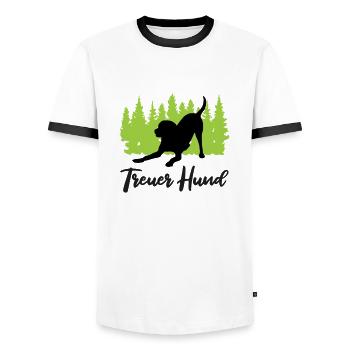 "Treuer Hund: Loyale Begleitung" - Männer Kontrast-T-Shirt - Weiß/Schwarz - Vorne - AI Model Female 172 light (172cm) & AI Model Male 178 dark (178cm)