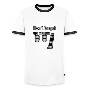 Don't forget the real fun - Men's Ringer Shirt - white/black - Front - AI Model Female 172 light (172cm) & AI Model Male 178 dark (178cm)