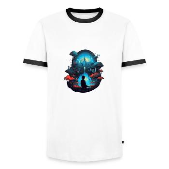Rêve urbain : un paysage urbain onirique - T-shirt contrasté Homme - blanc/noir - Devant - AI Model Female 172 light (172cm) & AI Model Male 178 dark (178cm)