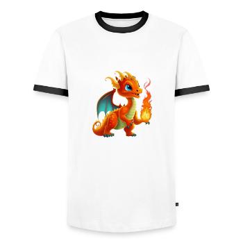 Flaming Friend: Cute Cartoon Dragon - Men's Ringer Shirt - white/black - Front - AI Model Female 172 light (172cm) & AI Model Male 178 dark (178cm)