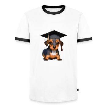 Baccalauréat Certificat de fin d’études pour chiens teckels - T-shirt contrasté Homme - blanc/noir - Devant - AI Model Female 172 light (172cm) & AI Model Male 178 dark (178cm)