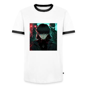 Dystopian Damsel: Anime-Style Woman in Black - Men's Ringer Shirt - white/black - Front - AI Model Female 172 light (172cm) & AI Model Male 178 dark (178cm)