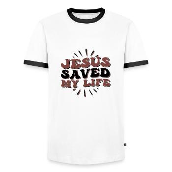 Jesus saved my Life - Men's Ringer Shirt - white/black - Front - AI Model Female 172 light (172cm) & AI Model Male 178 dark (178cm)