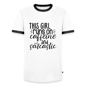 This Girl Runs On Caffeine And Sarcastic - Men's Ringer Shirt - white/black - Front - AI Model Female 172 light (172cm) & AI Model Male 178 dark (178cm)