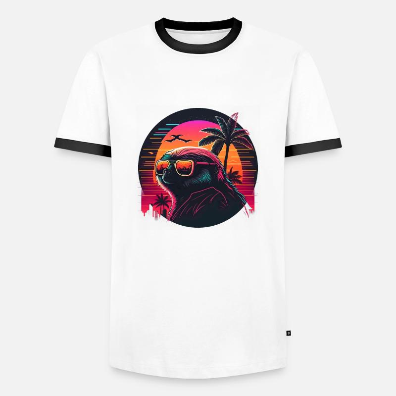 Synthwave Sloth Sunset - Men's Ringer Shirt - white/black