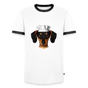 Dachshund Restaurateur Dogs Dog Dachshund Puppy Cooking - Men's Ringer Shirt - white/black - Front - AI Model Female 172 light (172cm) & AI Model Male 178 dark (178cm)