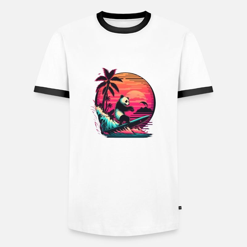 Synthwave surfing Panda Sunset - Männer Kontrast-T-Shirt - Weiß/Schwarz