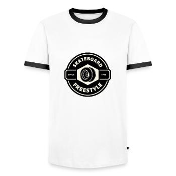 SKATEBOARD FREESTYLE X SKATE WHEEL - Men's Ringer Shirt - white/black - Front - AI Model Female 172 light (172cm) & AI Model Male 178 dark (178cm)