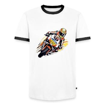 Moto de course n°99 - T-shirt contrasté Homme - blanc/noir - Devant - AI Model Female 172 light (172cm) & AI Model Male 178 dark (178cm)